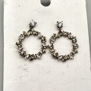 LOFT Earrings Pierced Ear Round Crystal Dangles Gold‎ Tone Setting 1.5 Inch Drop